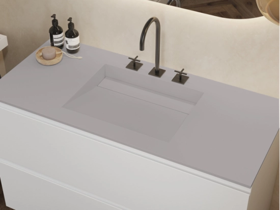 Plan vasque Design, sur mesure, Largeur 60 à 200 cm x Profondeur 40 à 60 cm, résine minérale de couleurs ACRYSTONE®, Finition lisse, Livraison Offerte et Rapide.